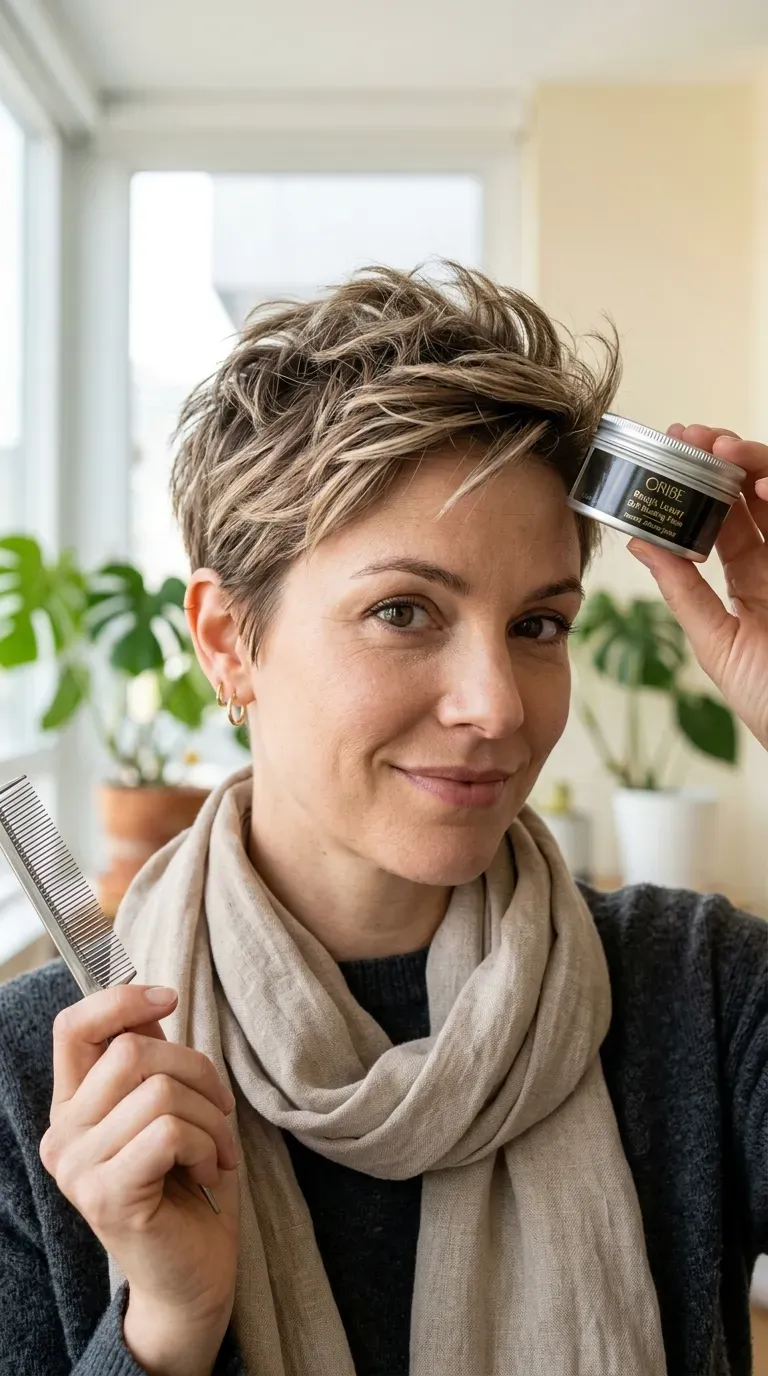 Woman with a short pixie cut featuring subtle tone-on-tone balayage highlights through the top layers
