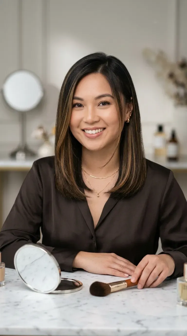 Woman with a round face shape wearing vertical tone-on-tone balayage placement to elongate her features