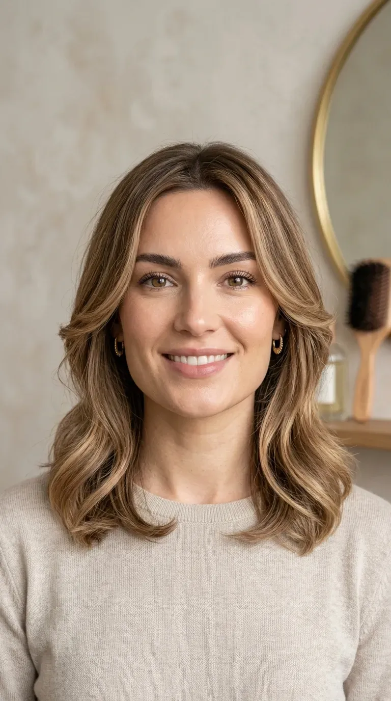 Woman with a square face shape wearing soft tone-on-tone face-framing balayage to soften her jawline