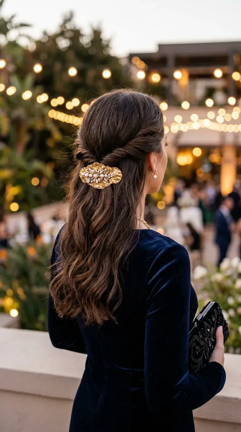Woman with thin hair wearing a twisted half-up style secured with a statement clip for a party