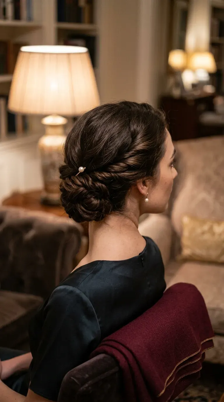 Woman with thin hair wearing a two-strand twist updo pinned neatly for a party
