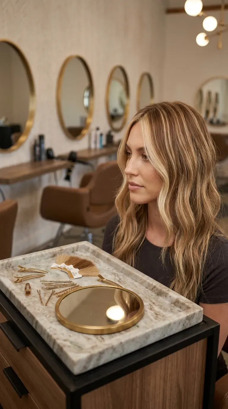 Close-up of blended blonde and caramel two-tone money piece strands in brunette hair