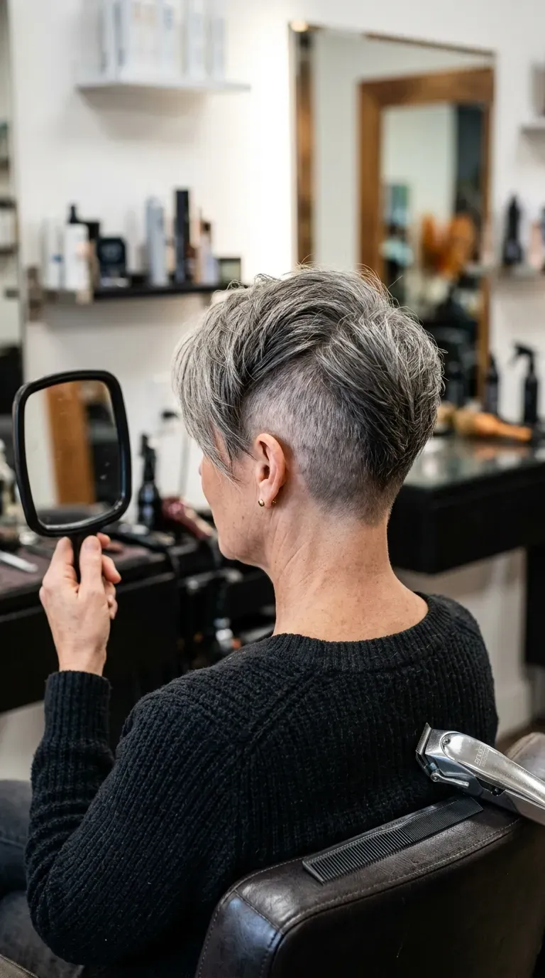 Woman over 50 with an undercut pixie featuring a shaved section and longer top