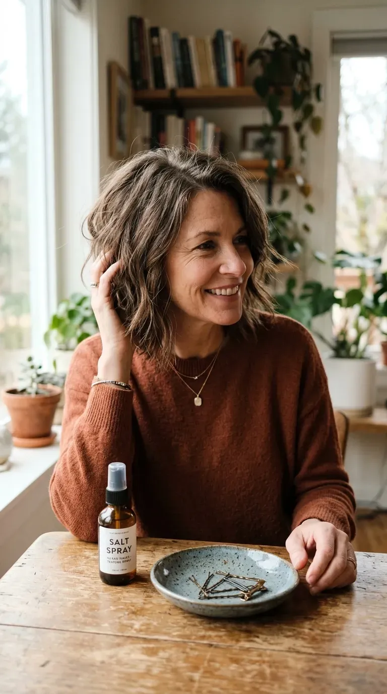 Woman over 60 with an undone, textured choppy long bob