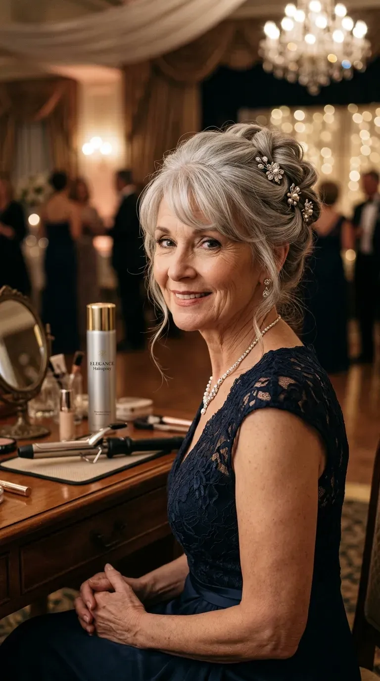 Woman over 60 with an elegant updo and bangs left down to frame the face