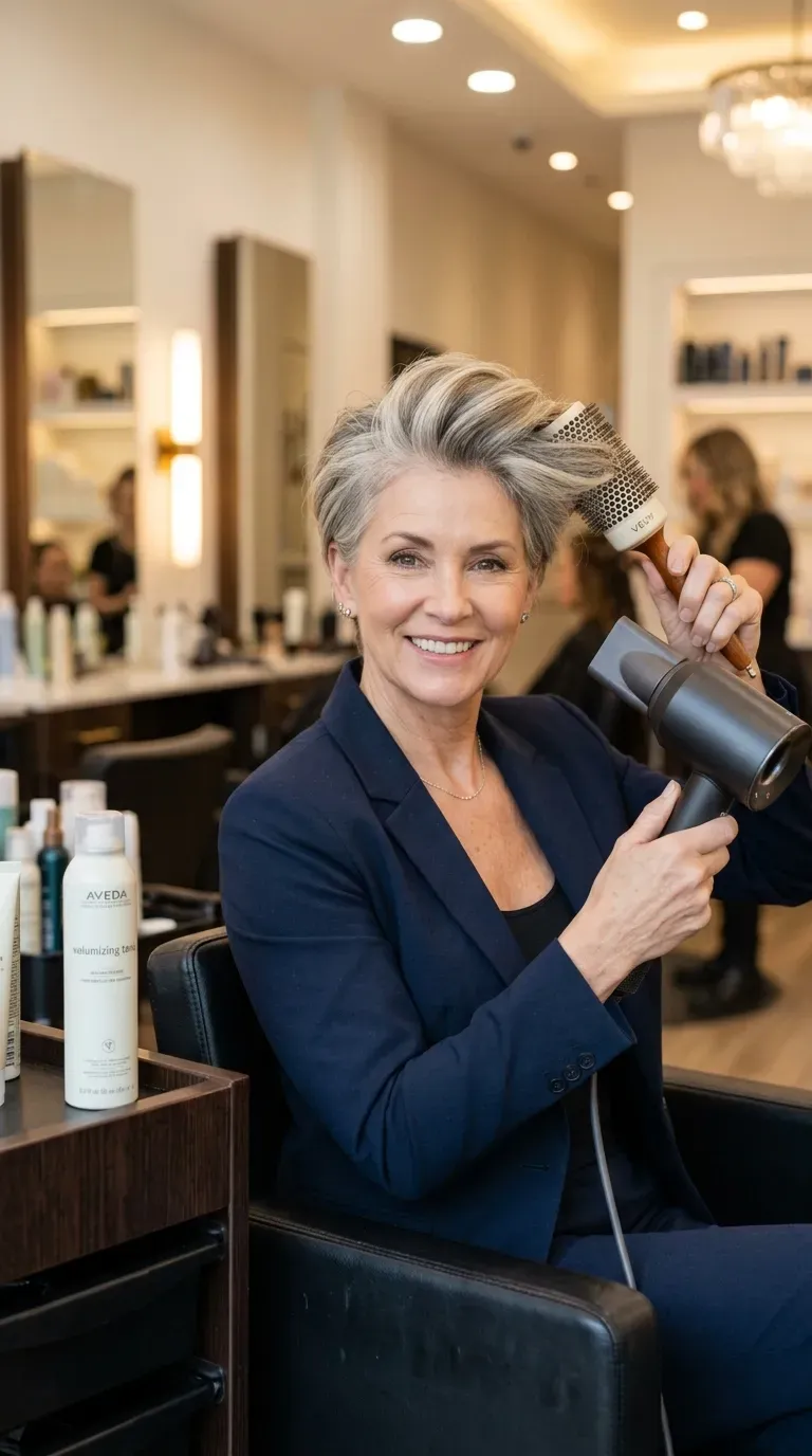 Woman over 50 with a pixie styled with extra volume from a fresh blow-dry
