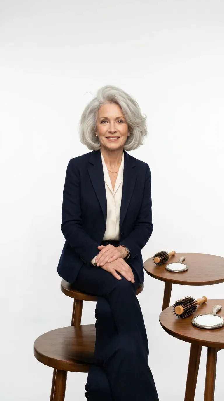 Woman over 60 with voluminous blown-out silver bob styled glossy and full at the roots