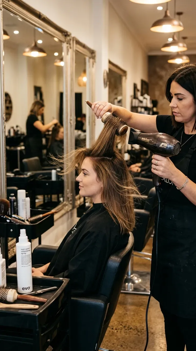 Woman with fine hair getting a voluminous blowout styled with root lift for a party