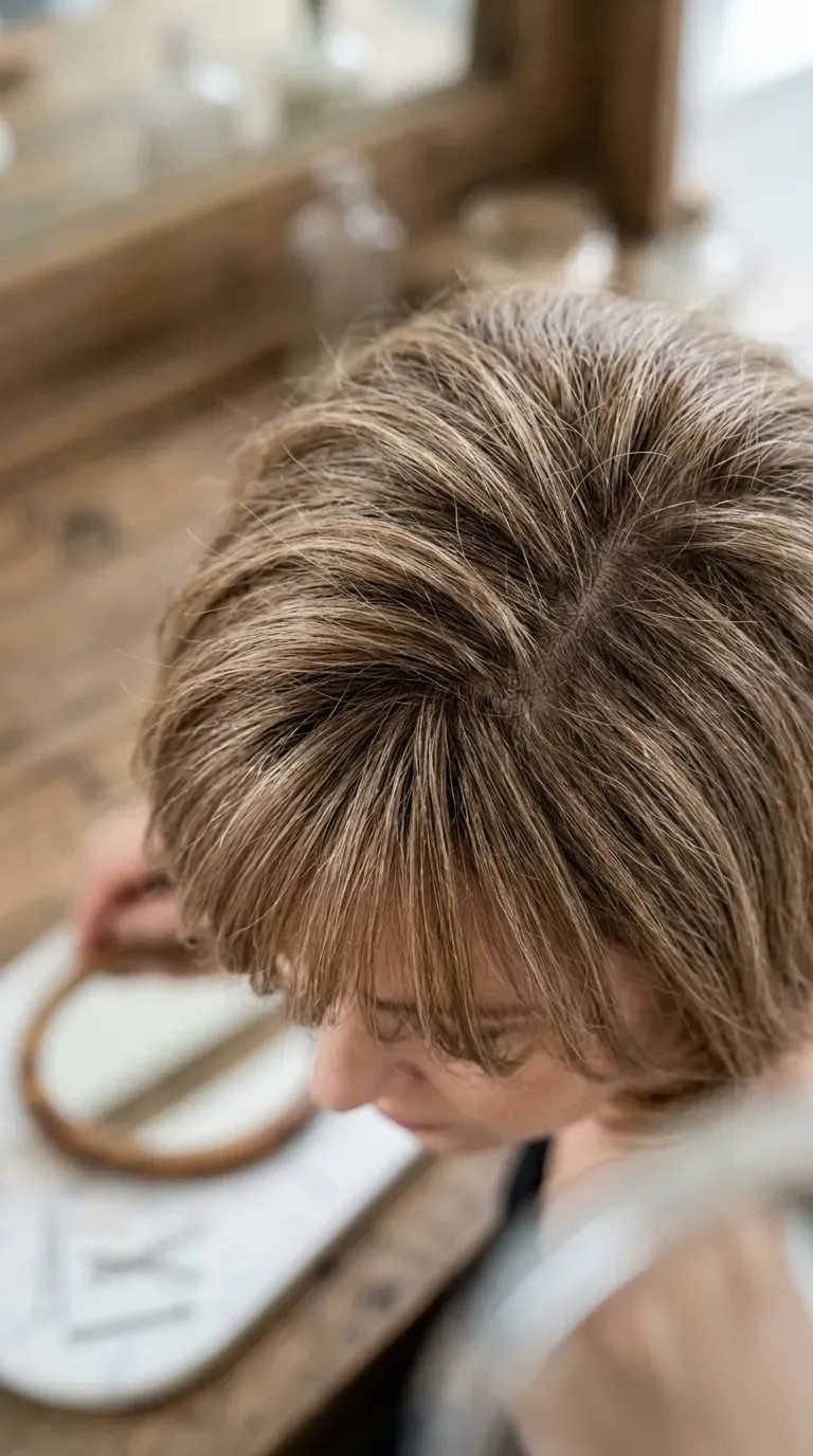 Close-up of woman with thin fine hair wearing a voluminous bob with lifted roots and bangs