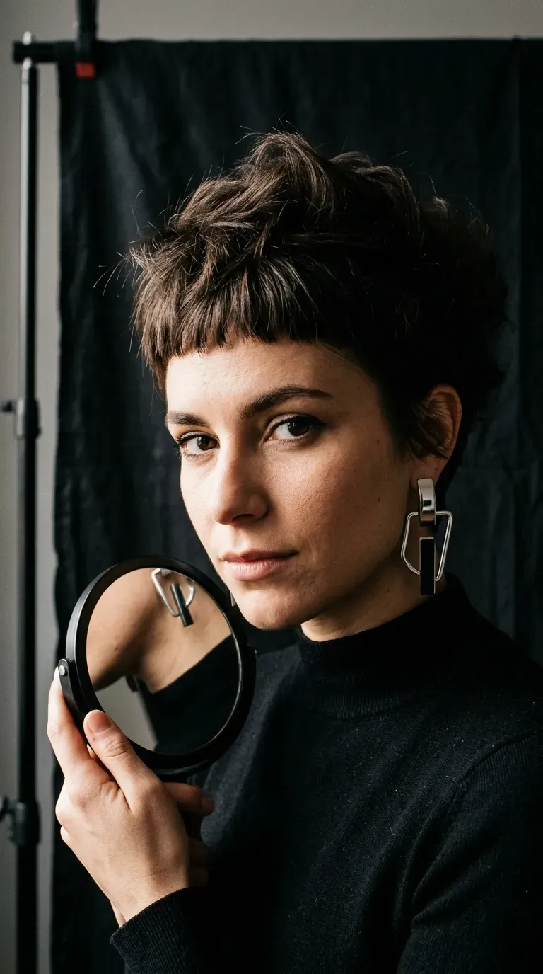 Woman with thin fine hair wearing a voluminous crop haircut with short micro bangs