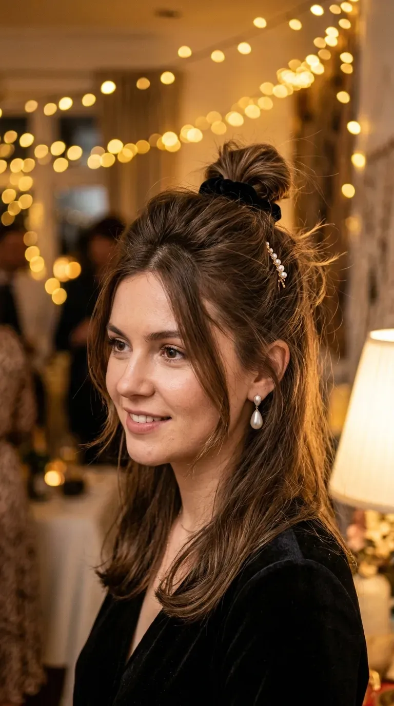 Woman with thin fine hair wearing a voluminous half-up top knot at a party