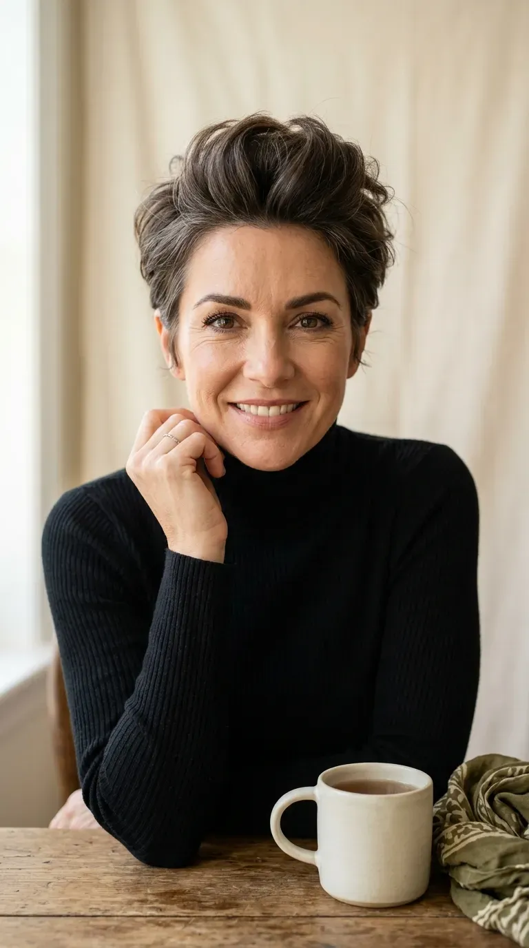 Woman over 40 with voluminous pixie crop styled with lift at the crown