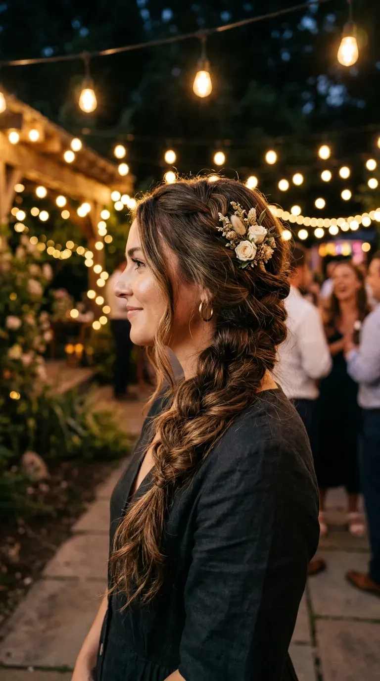 Woman with fine hair wearing a voluminous side braid pulled loose for a party look