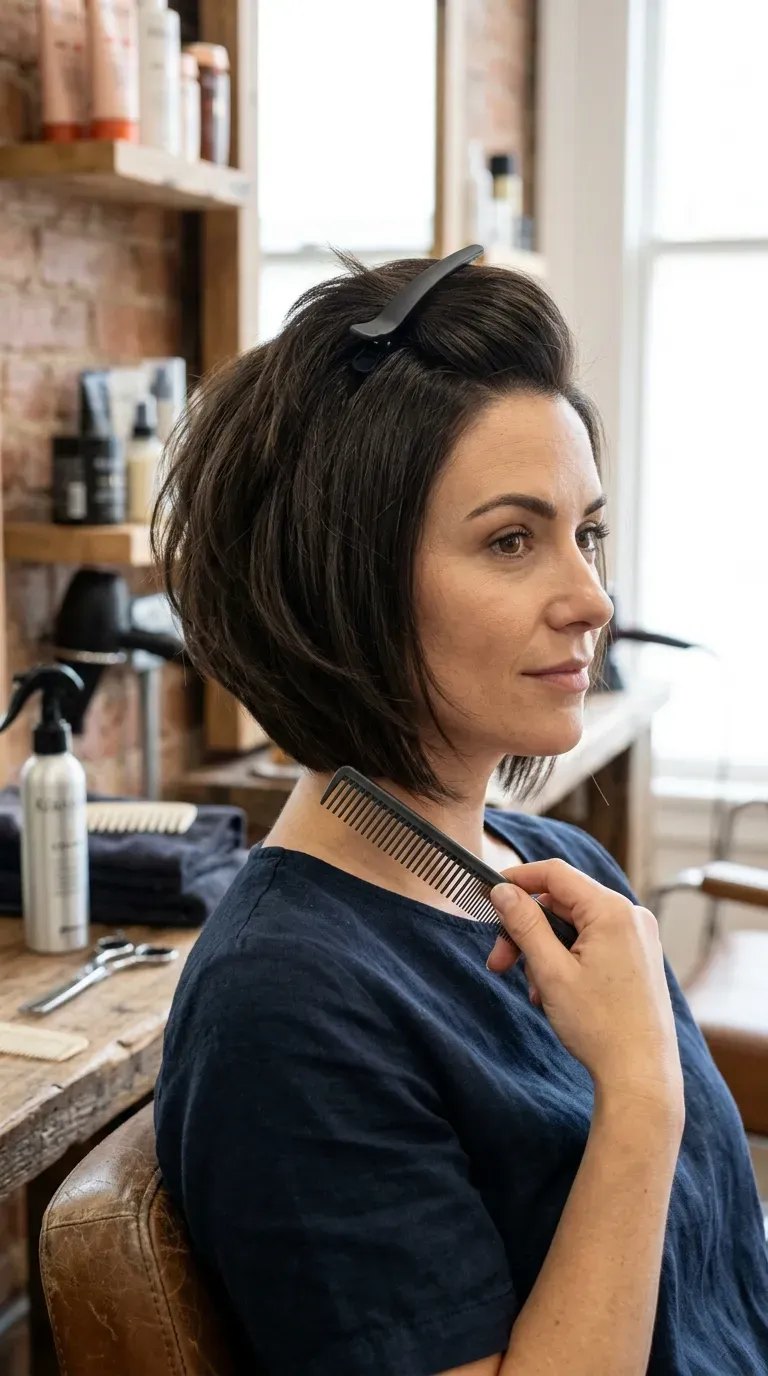 Woman with an extra voluminous stacked bob designed specifically for fine, flat hair