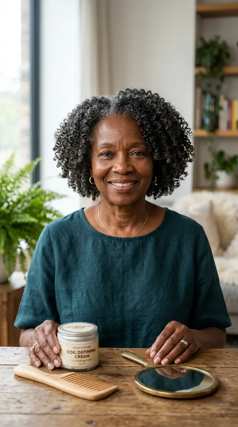 Older Black woman with a wash-and-go styled into a bob-length curl shape