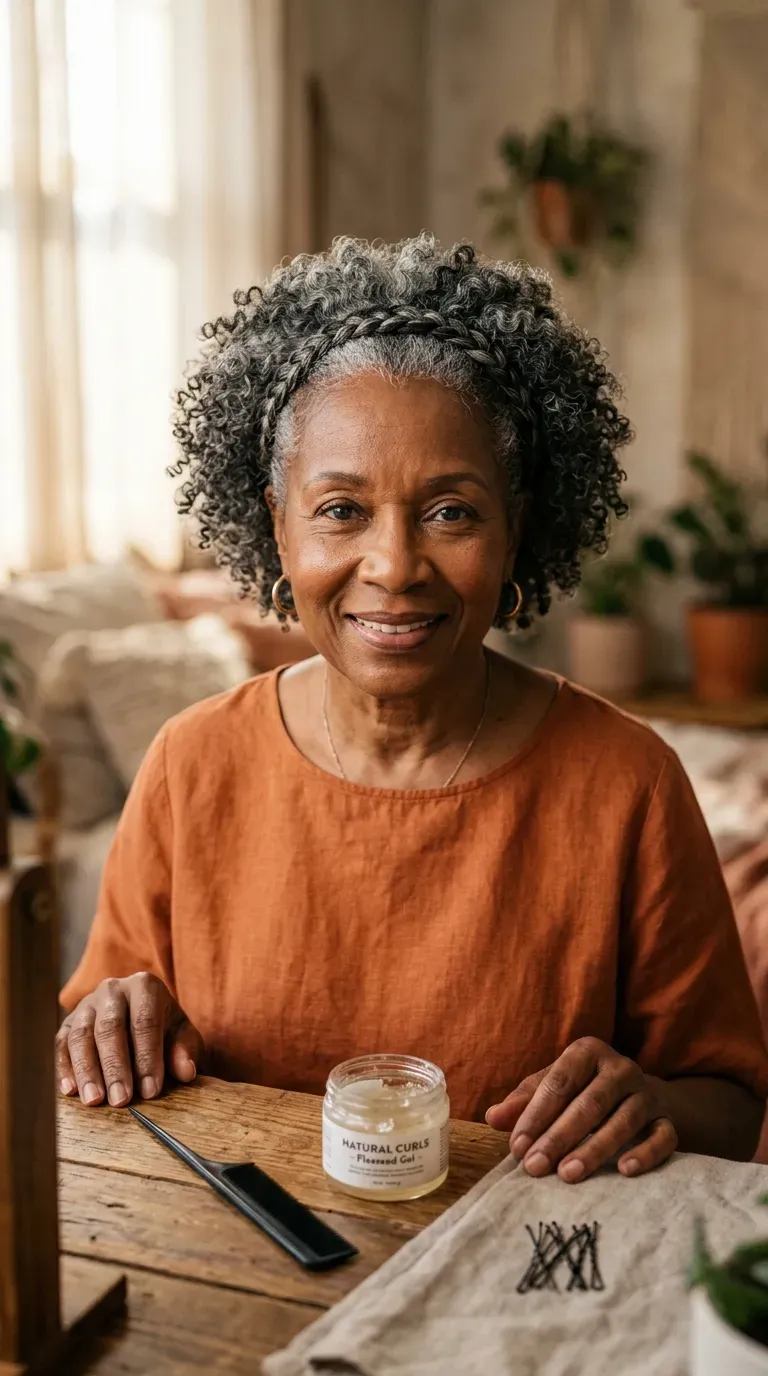 Older Black woman with a wash-and-go featuring a thin braid accenting the crown