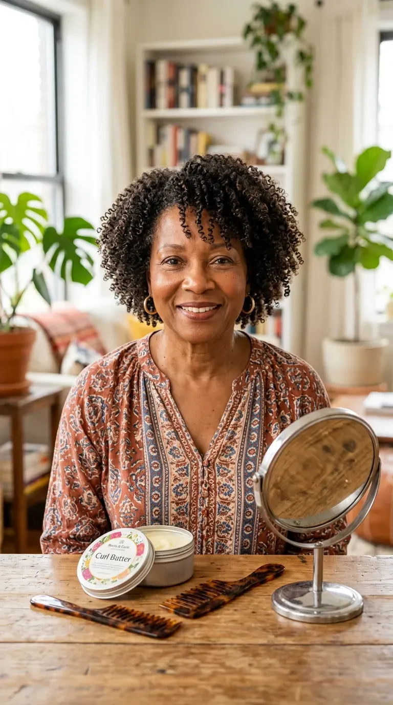 Older Black woman with a wash-and-go finished with curl butter for extra shine