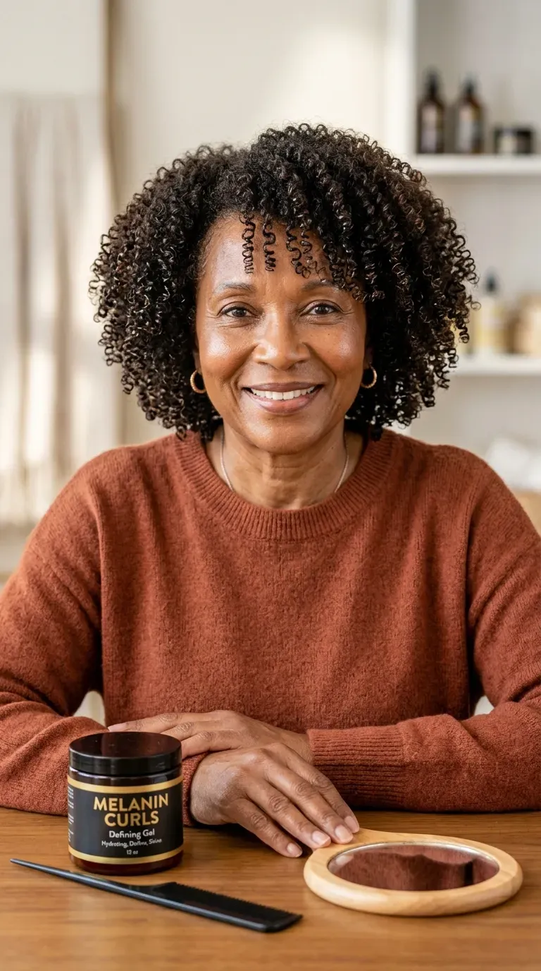 Older Black woman with a wash-and-go styled with strong curl definition from gel