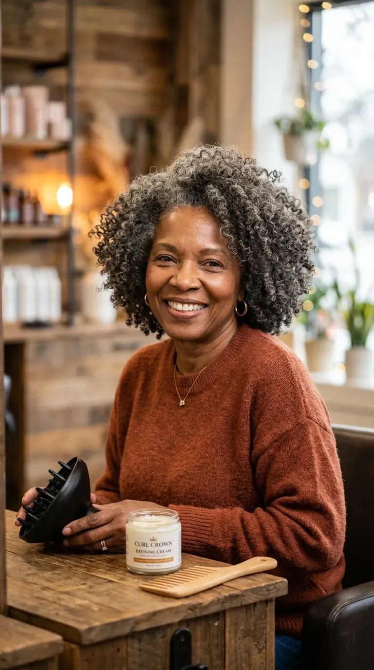 Older Black woman with a wash-and-go styled using a diffuser for fuller curls