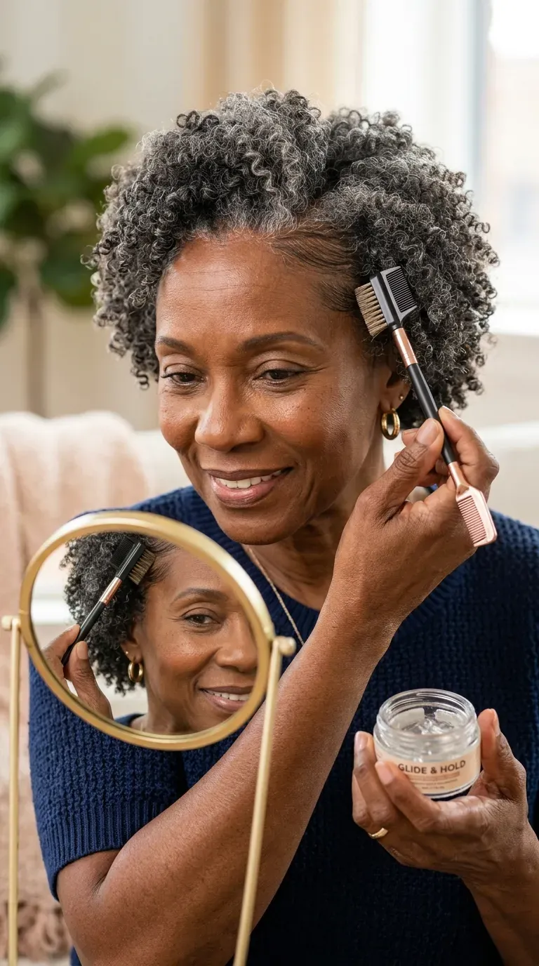 Older Black woman with a wash-and-go finished with neat edge control along the hairline