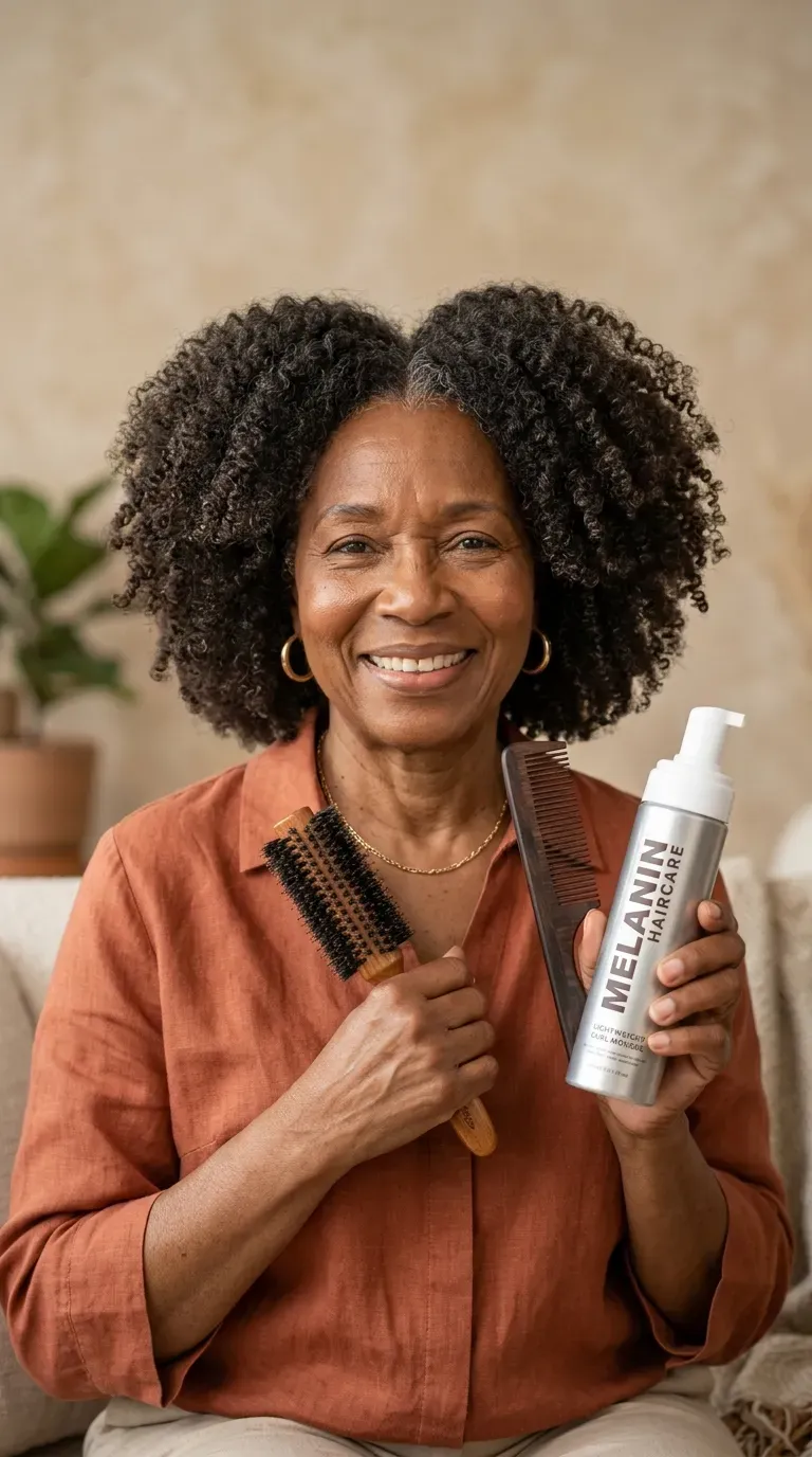 Older Black woman with a wash-and-go styled to add fullness to fine, coily hair