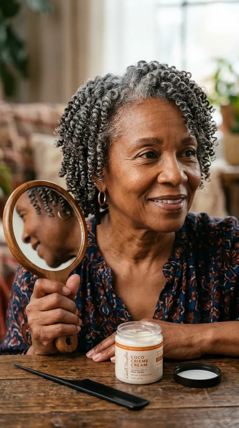 Older Black woman with soft, defined finger coils styled as a wash-and-go