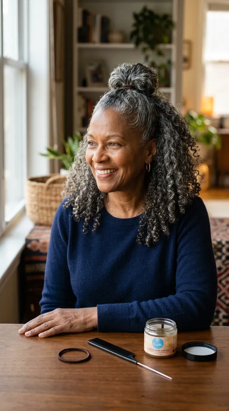 Older Black woman with a wash-and-go styled half-up with the crown pulled back