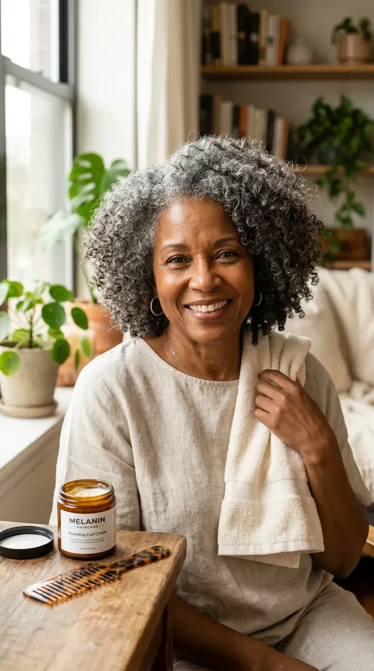 Older Black woman with a wash-and-go styled with a rich, hydrating curl cream for extra moisture