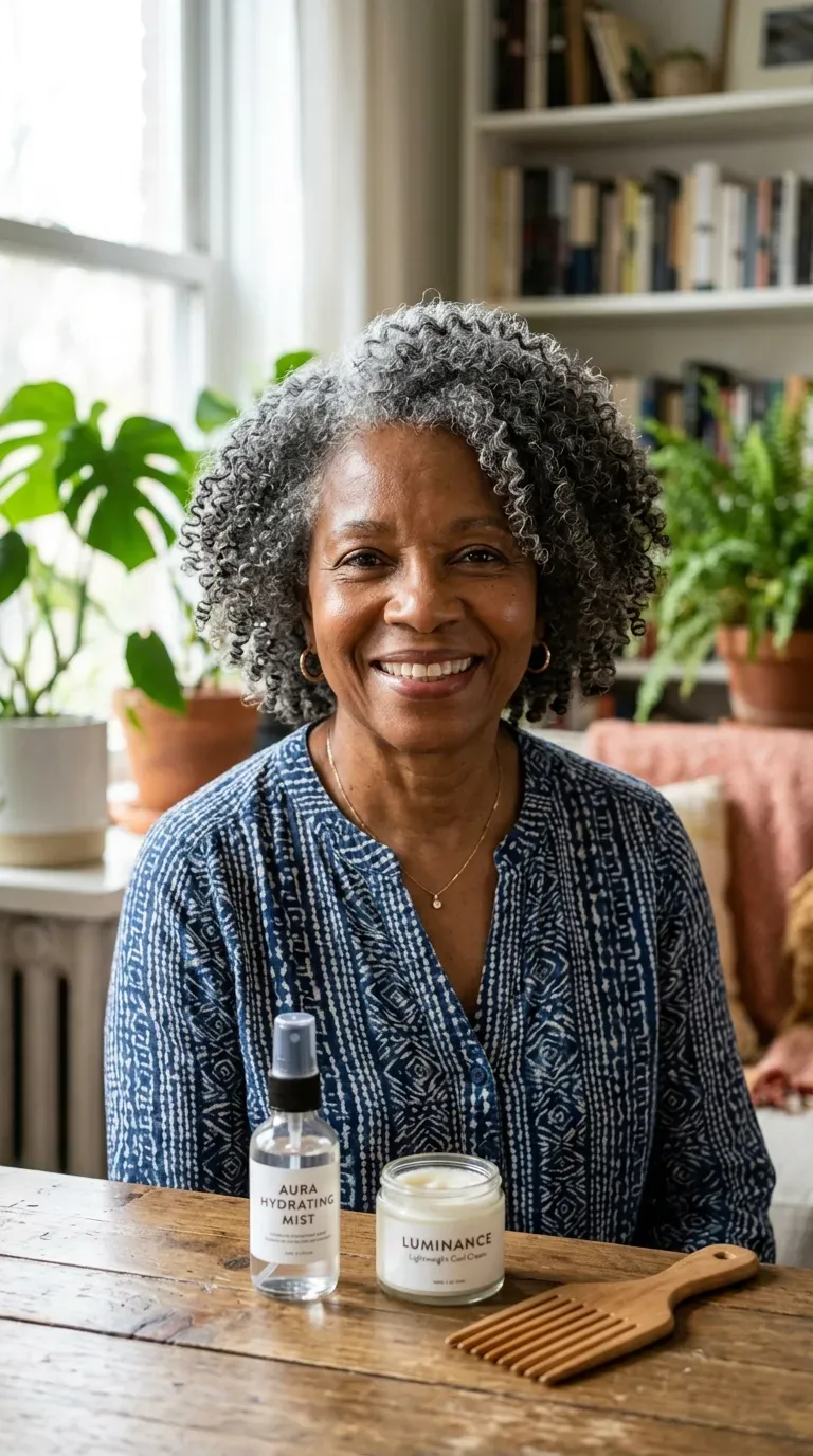 Older Black woman with a wash-and-go styled with lightweight products for low-porosity hair