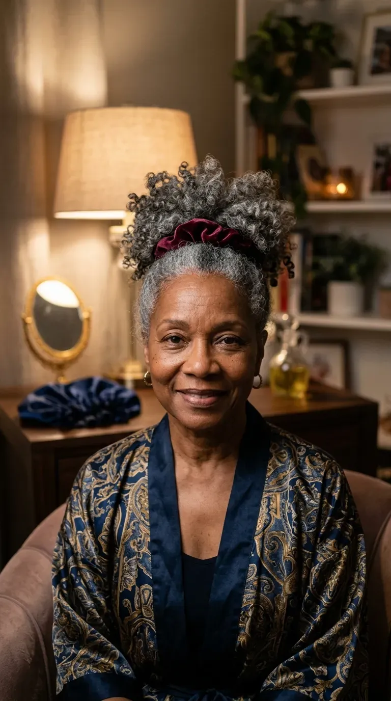 Older Black woman with a wash-and-go gathered loosely into a pineapple updo for overnight protection