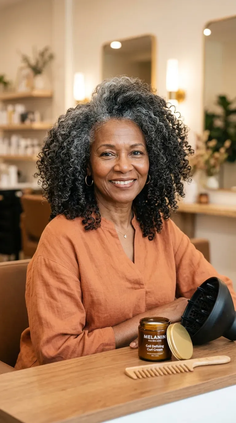 Older Black woman with a wash-and-go styled with extra volume at the roots