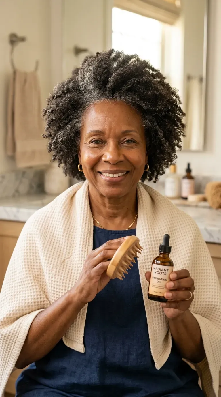 Older Black woman with a wash-and-go styled after a gentle scalp massage routine