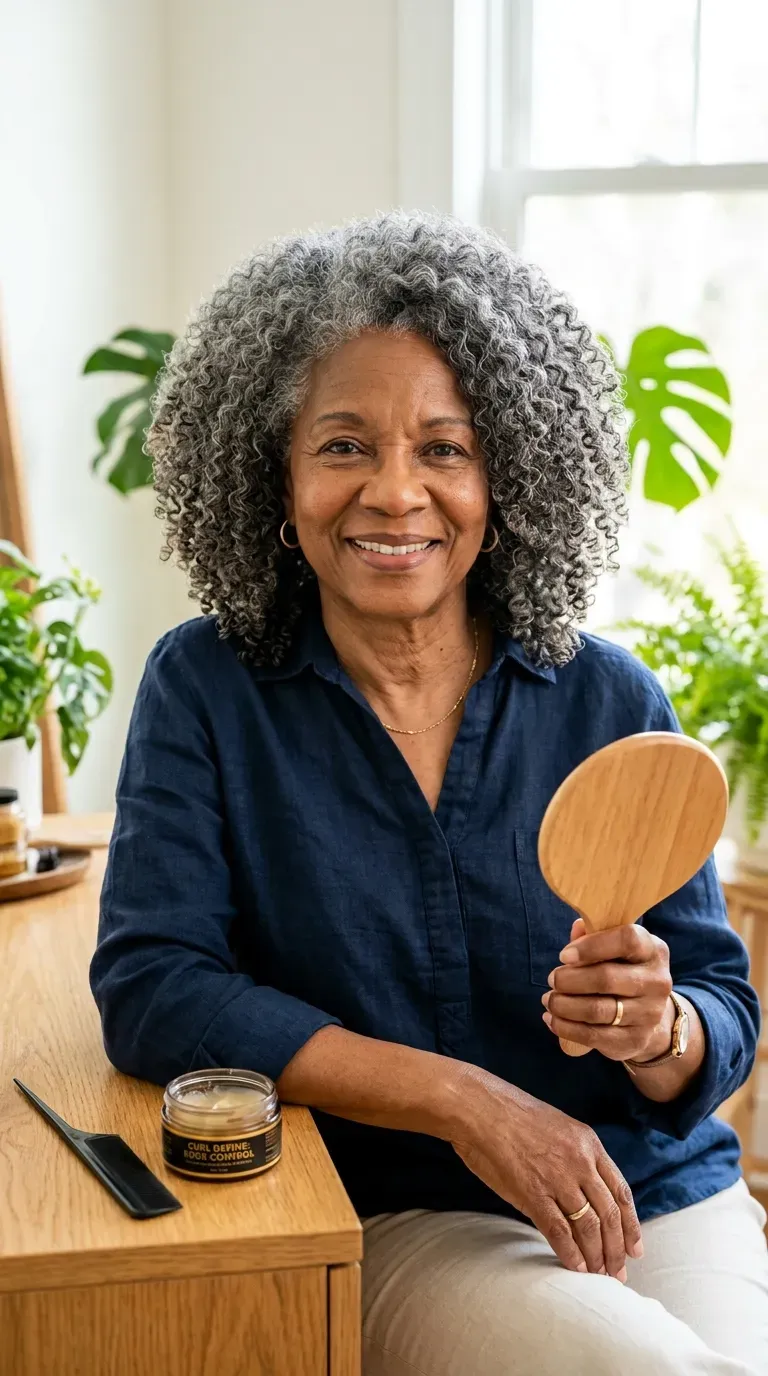 Older Black woman with a wash-and-go styled with a clean side part