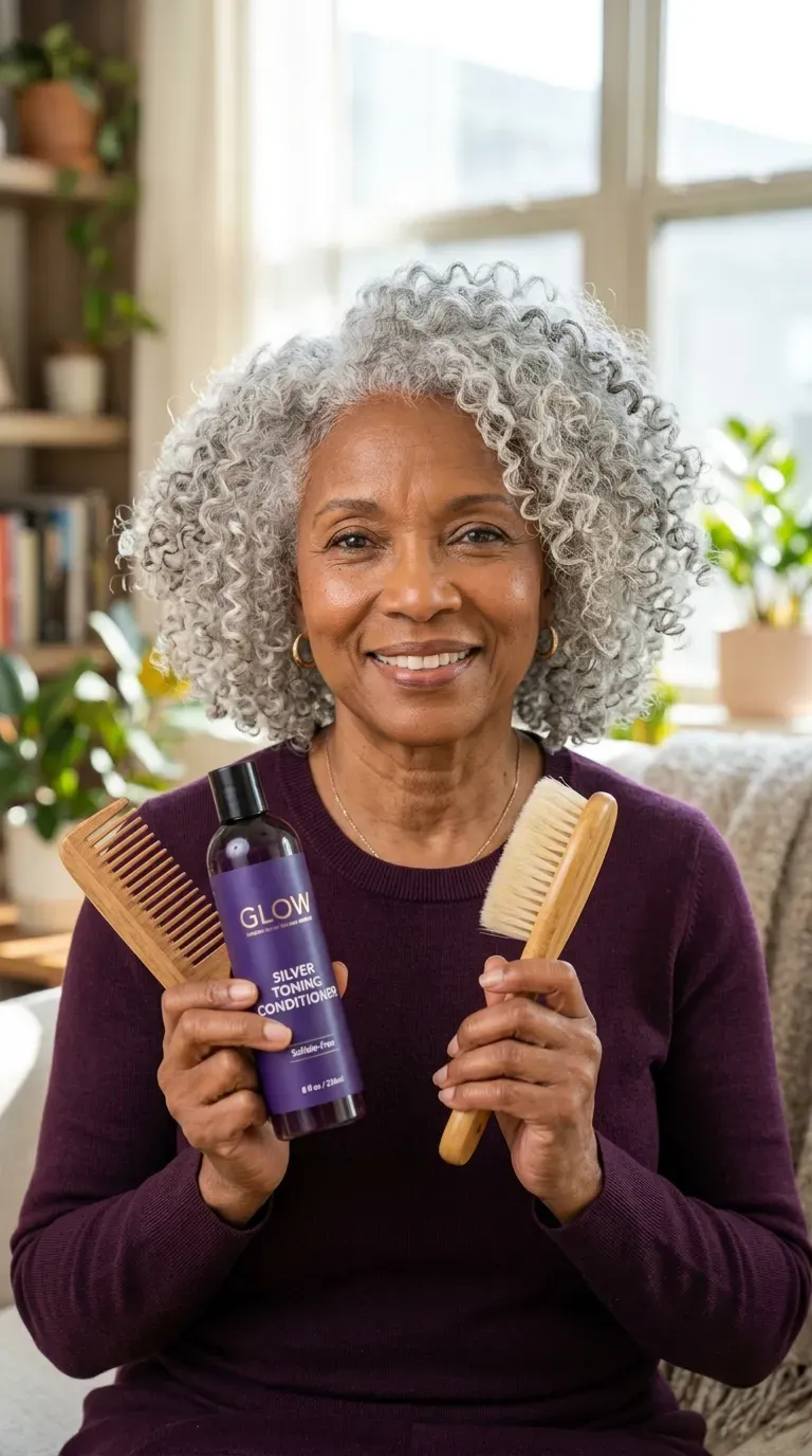 Older Black woman with a wash-and-go showcasing silver natural curls