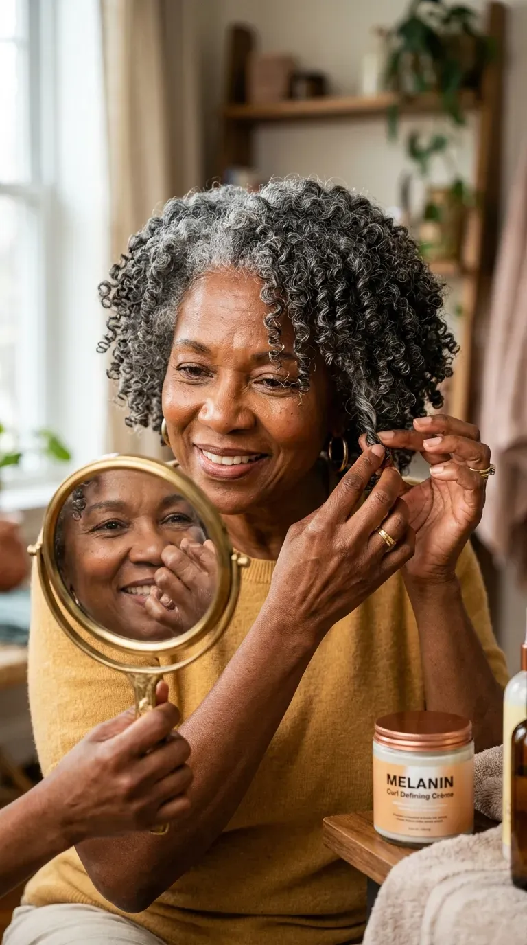 Older Black woman with a wash-and-go styled with soft, well-clumped curls