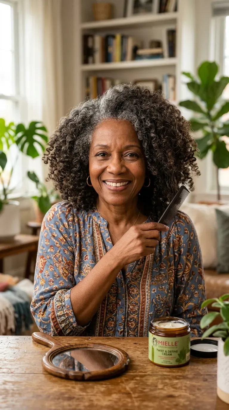 Older Black woman with a wash-and-go blended with soft twist-out texture