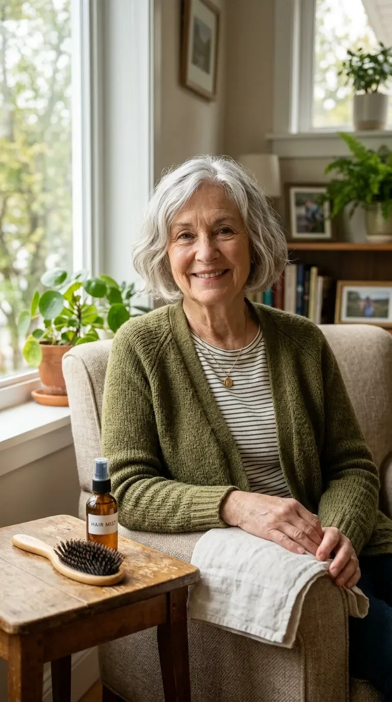 Elderly woman with an easy wash-and-wear short bob that needs little styling