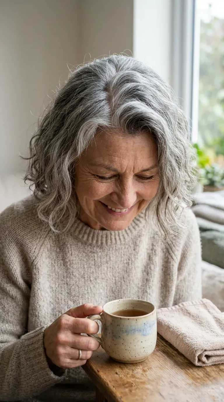 Close-up of woman over 60 with wavy bob and lifted root texture from a root perm