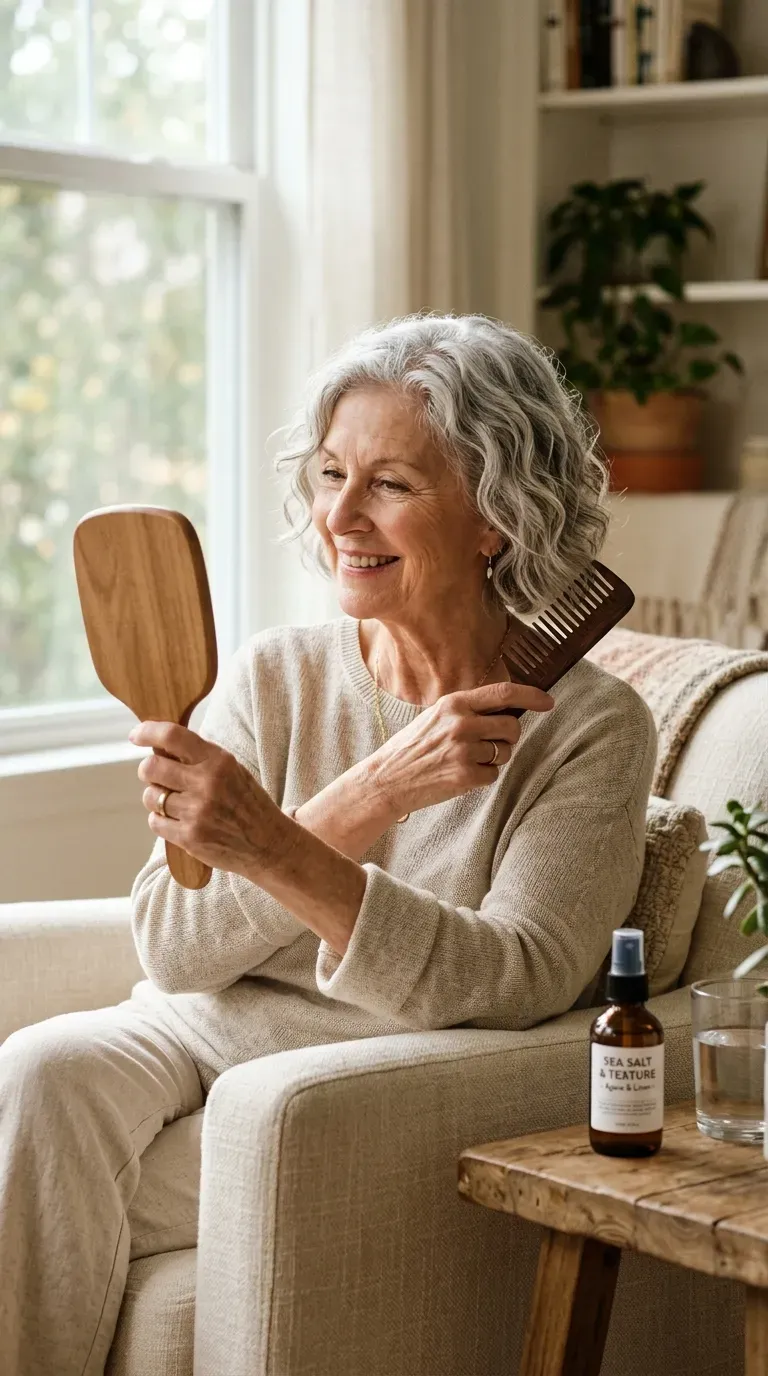 Elderly woman with a wavy, chin-length bob with natural texture