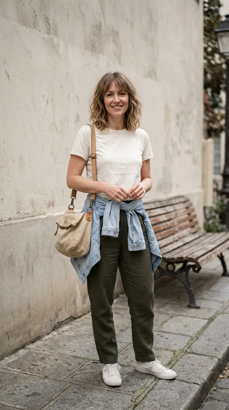 Woman with thin fine hair wearing a wavy lob with a soft fringe styled outdoors