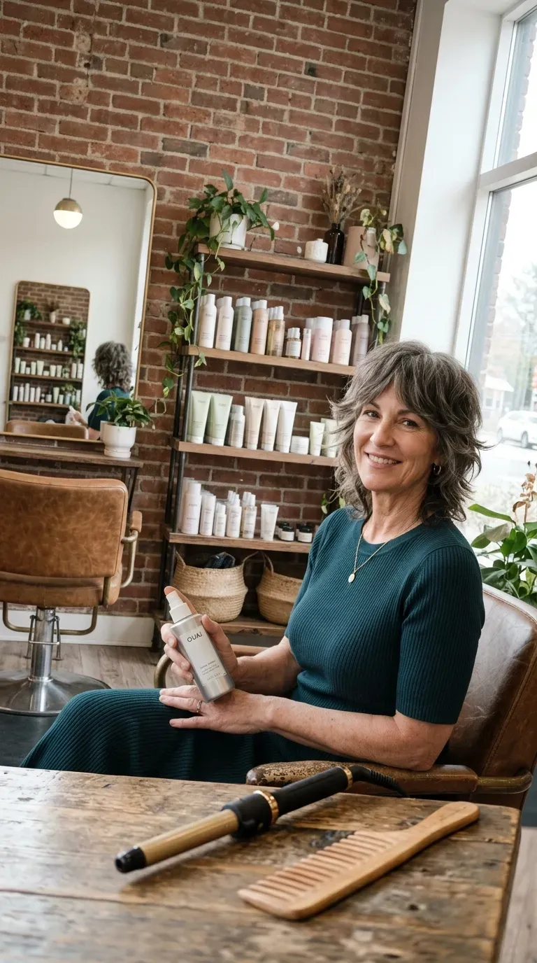 Woman over 50 with a wavy, heavily layered shag crop