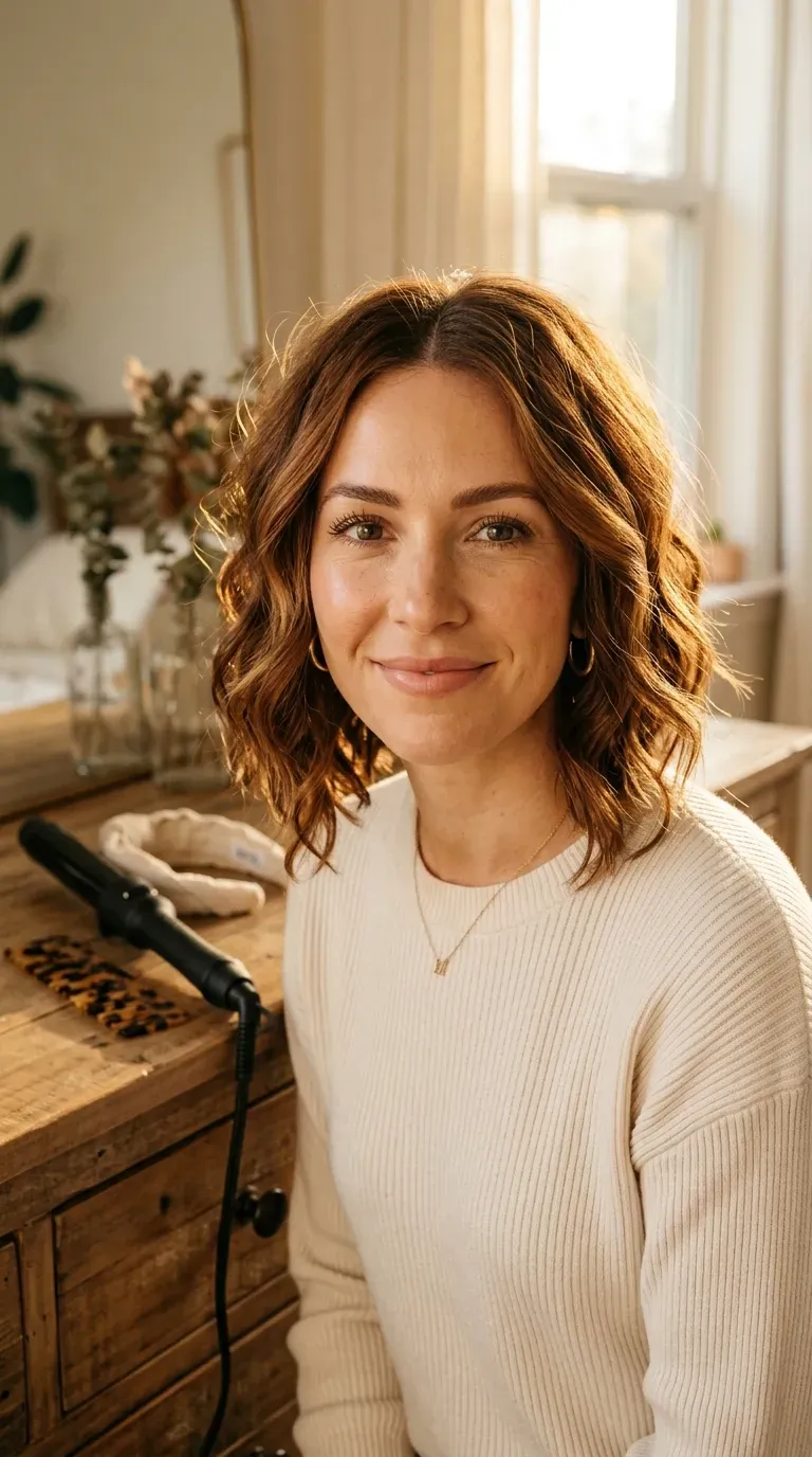 Woman with a wavy stacked bob showing soft natural waves and layered movement