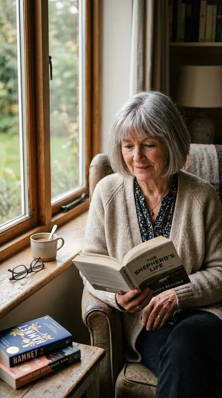 Woman over 60 with wispy textured bangs and gray bob reading near a sunlit window
