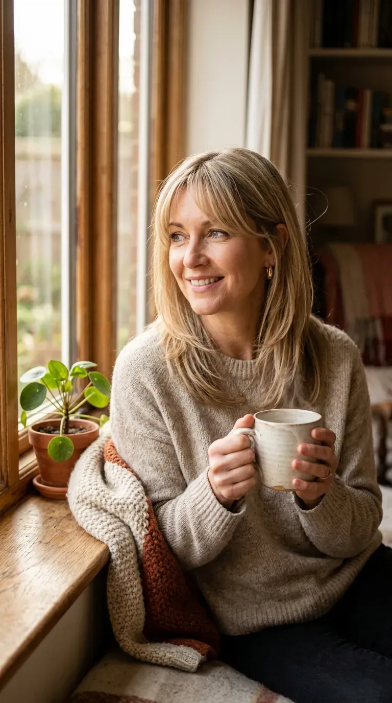 Woman over 40 with wispy curtain bangs parted softly and blended into layers