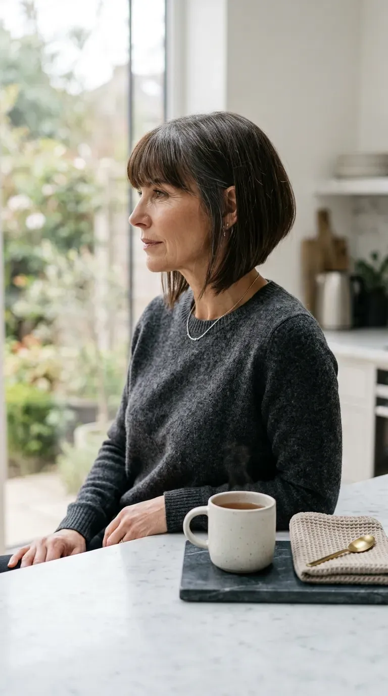 Side profile of an A-line bob with bangs, shorter in back and longer at the front