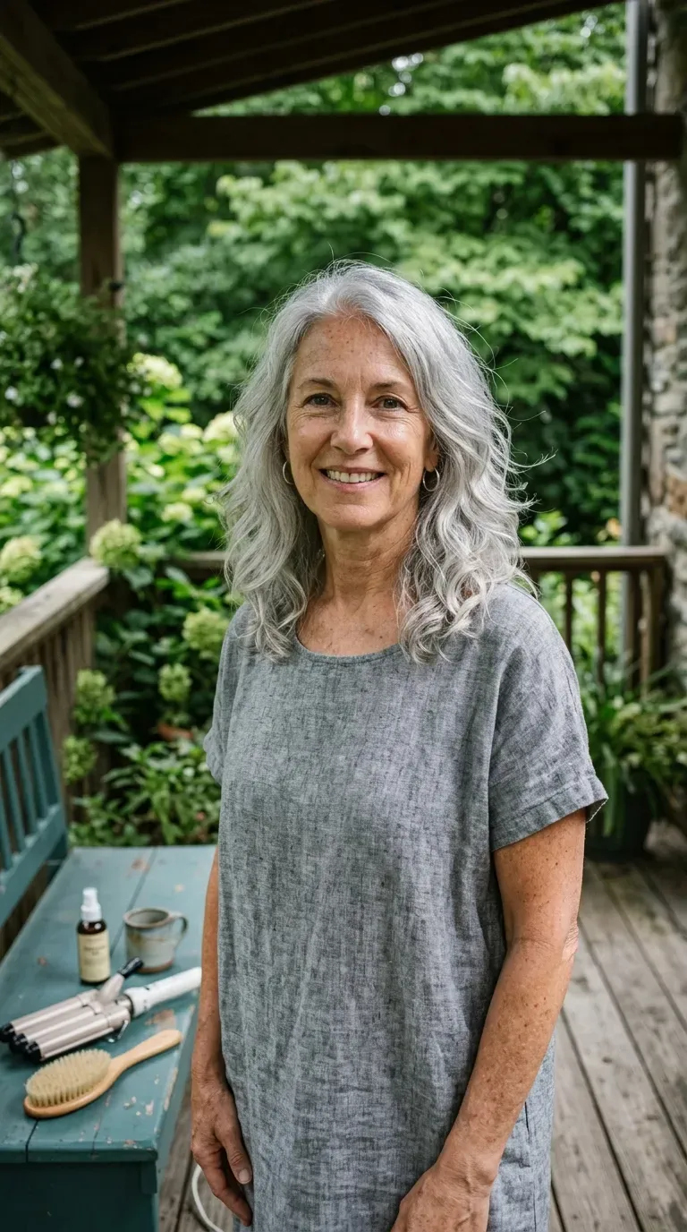 Woman with natural silver hair styled in air dried waves set only on the layered ends
