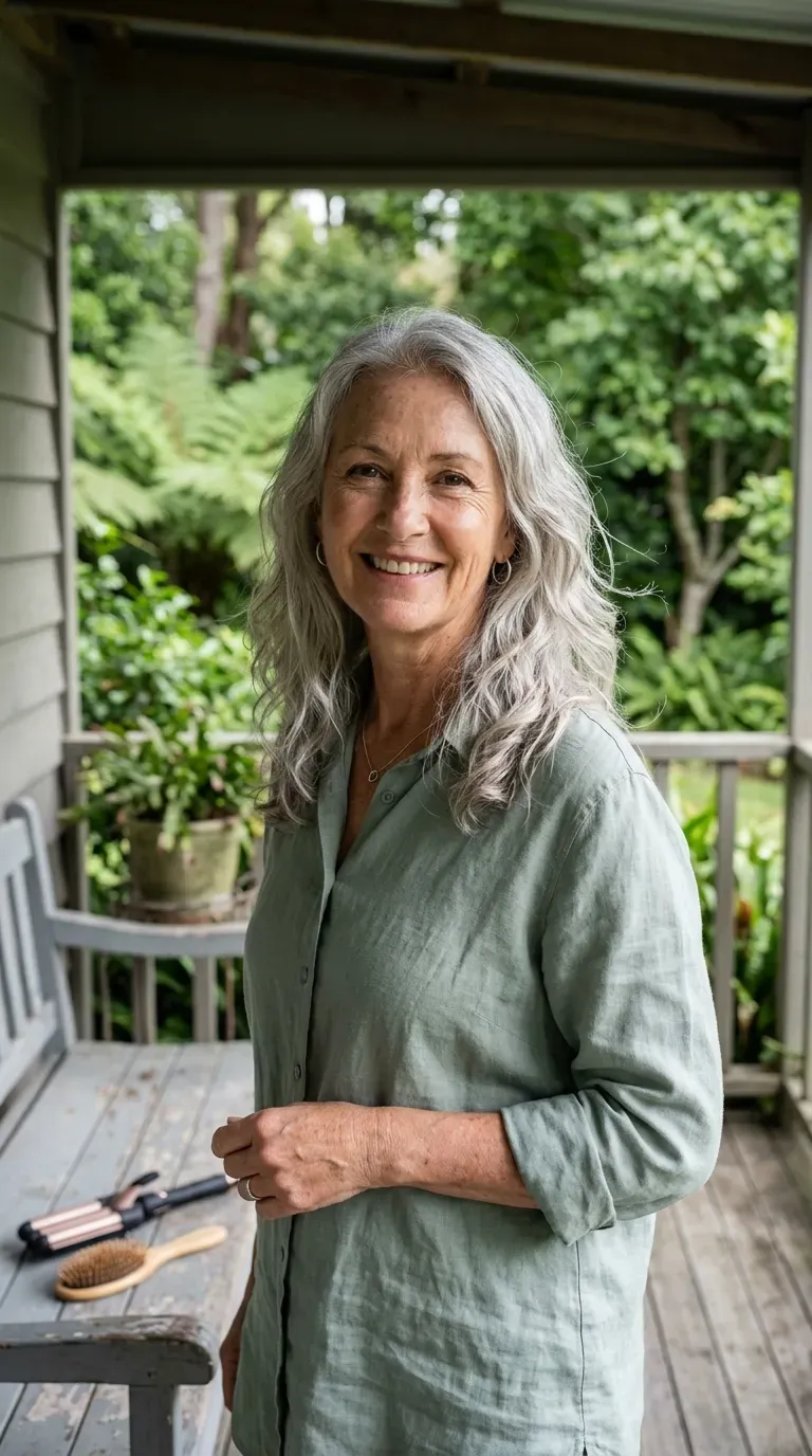 Woman with natural silver hair styled in air-dried waves set only on the layered ends