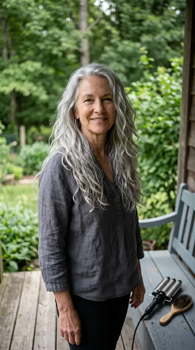 Woman with natural silver hair styled in loose air dried waves set on her long layered ends