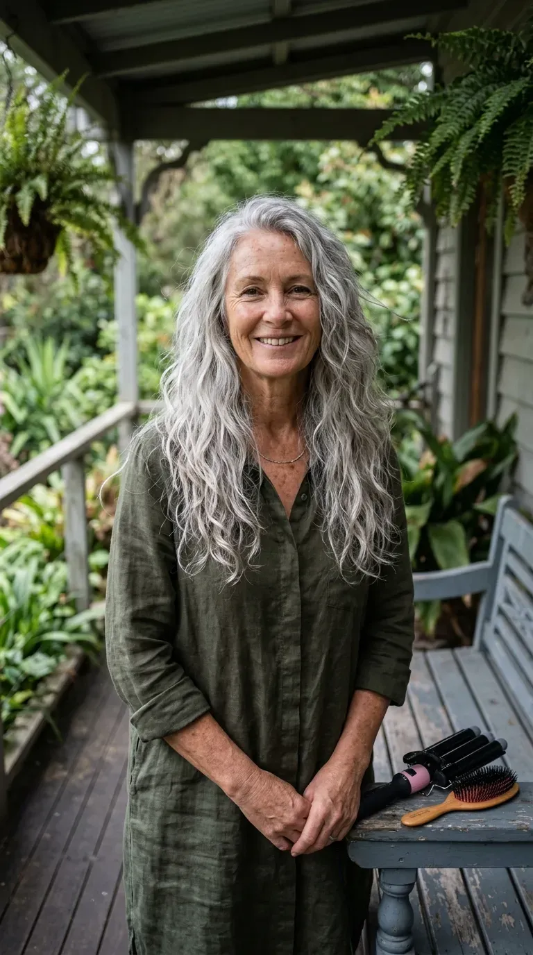 Woman with natural silver hair styled in loose air dried waves set on her long layered ends