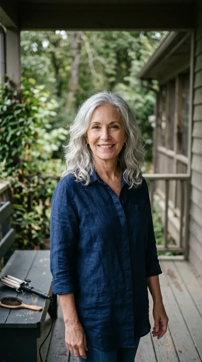 Woman with natural silver medium length hair styled in air dried waves set only on the layered ends